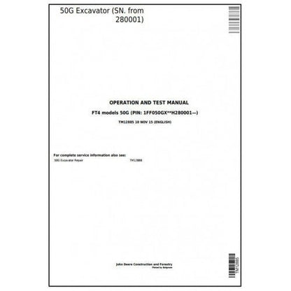 John Deere 50G Excavator Pdf Operation and Test Manual TM12885 - All Machines Manual | Manuals At Best Price