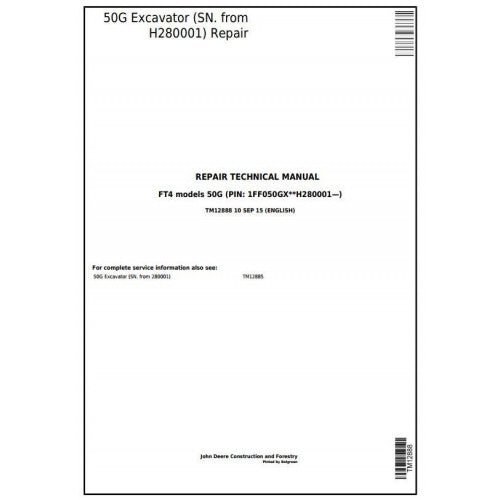 John Deere 50G Excavator Pdf Service Repair Technical Manual TM12888