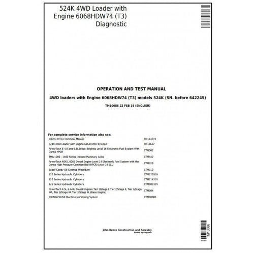 John Deere 524K 4WD Loader Pdf Operation and Test Manual TM10686 - All Machines Manual | Manuals At Best Price