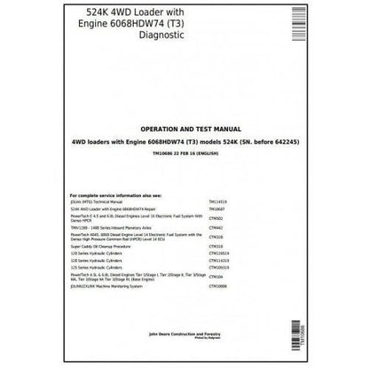 John Deere 524K 4WD Loader Pdf Operation and Test Manual TM10686 - All Machines Manual | Manuals At Best Price