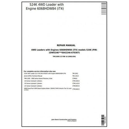 John Deere 524K, 4WD Wheel Loader Pdf Service Repair Technical Manual TM12095