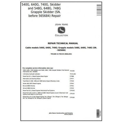 John Deere 540G, 640G, 740G, 548G, 648G, 748G Skidder Pdf Service Repair Technical Manual TM1600 - All Machines Manual | Manuals At Best Price