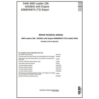 John Deere 544K 4WD Loader (T3) Pdf Service Repair Technical Manual TM10689 - All Machines Manual | Manuals At Best Price