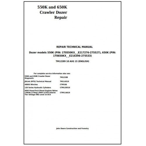 John Deere 550K 650K Crawler Dozer Pdf Service Repair Technical Manual TM12289