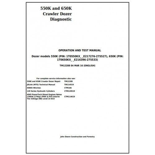 John Deere 550K, 650K Crawler Dozer Pdf Operation and Test Manual TM12288