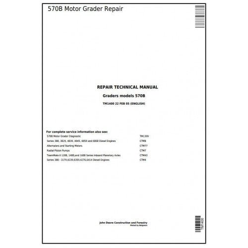 John Deere 570B Motor Grader Pdf Service Repair Technical Manual TM1400 - All Machines Manual | Manuals At Best Price