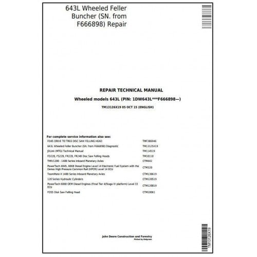 John Deere 643L Wheeled Feller Buncher Pdf Service Repair Technical Manual TM13126X19