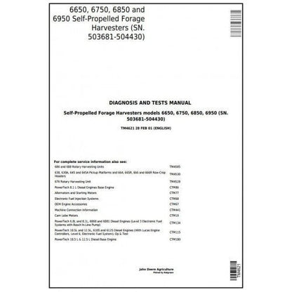 John Deere 6650 6750 6850 6950 Forage Harvesters Pdf Diagnostic Service Manual TM4621-1