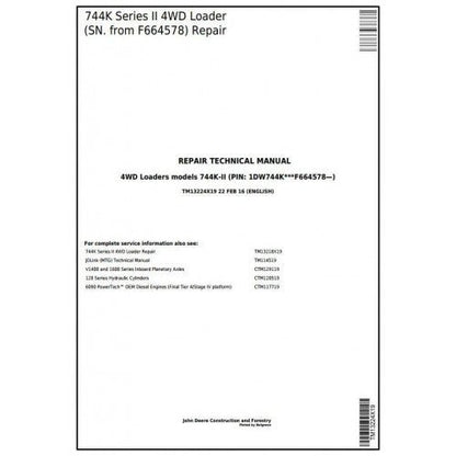 John Deere 744K SERIES II 4WD Loader Pdf Service Repair Technical Manual TM13224X19