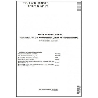 John Deere 753GL, Timberjack 608L Tracked Feller Buncher Pdf Service Repair Technical Manual TMF387451-2