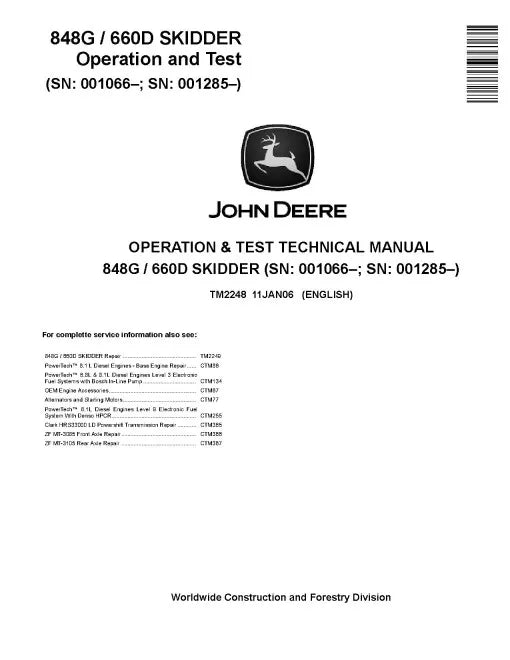 John Deere 848G, TimberJack 660D Cable and Grapple Skidder Operation and Test Manual (TM2248)