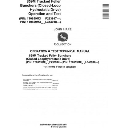 John Deere 859M Feller Bunchers Pdf Operation and Test Technical Manual TM14089X19-2