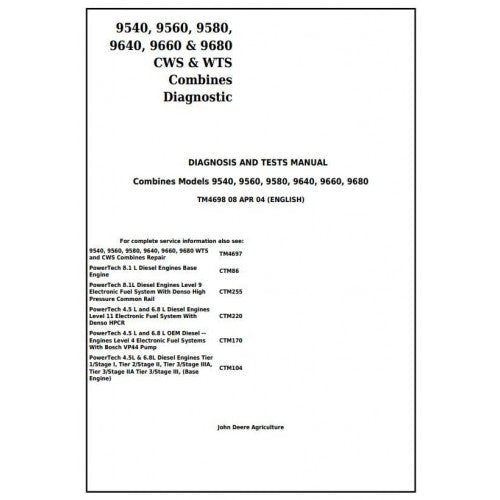 John Deere 9540, 9560, 9580, 9640, 9660, 9680 CWS & WTS Combines Pdf Diagnostic Service Repair Technical Manual TM4698-2