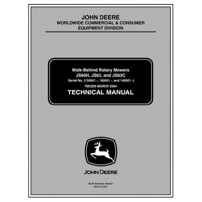 John Deere JS63 JS63C S60H Walk-Behind Rotary Mower Pdf Service Repair Technical Manual TM2209-2