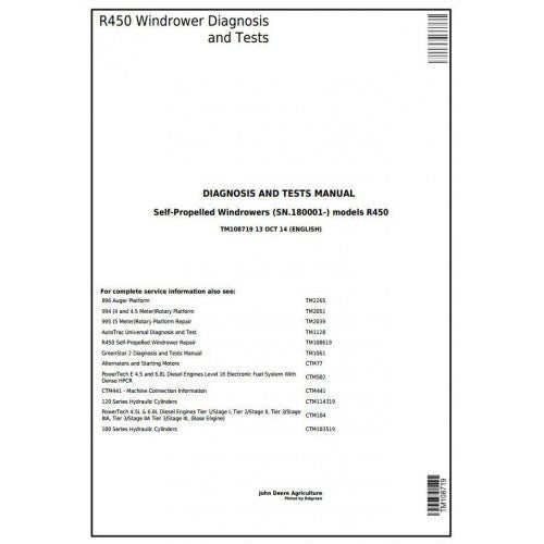 John Deere R450 Self-Propelled Hay and Forage Windrower Pdf Diagnostic and Tests Manual TM108719-2