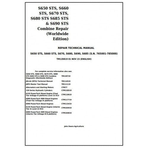 John Deere S650STS S660STS S670STS S680STS S685STS S690STS Combine Pdf Service Repair Manual TM120819-2