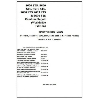 John Deere S650STS S660STS S670STS S680STS S685STS S690STS Combine Pdf Service Repair Manual TM120819-2