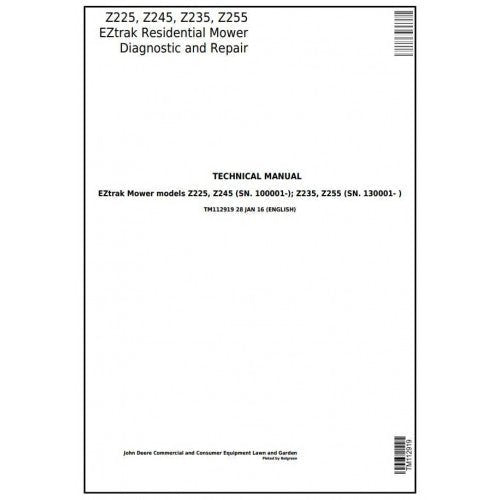 John Deere Z225, Z245, Z235, Z255 EZtrak Riding Lawn Residential Mower Pdf Technical Service Manual TM112919-2