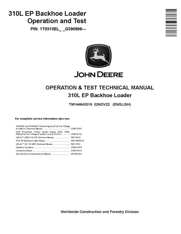 Operation and Test Manual - John Deere 310L EP (SN. from G390996) Backhoe Loader (TM14464X019)