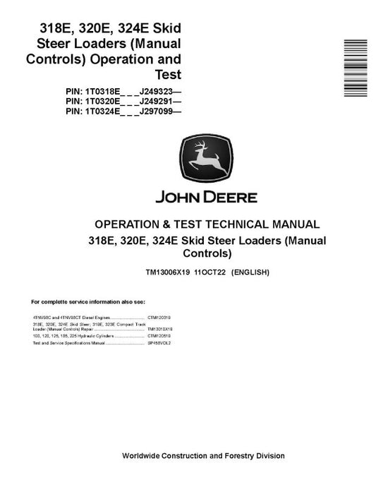 Operation and Test Manual - John Deere 318E, 320E and 324E Skid Steer Loaders with Manual Controls (SN. from J249291) (TM13006X19)