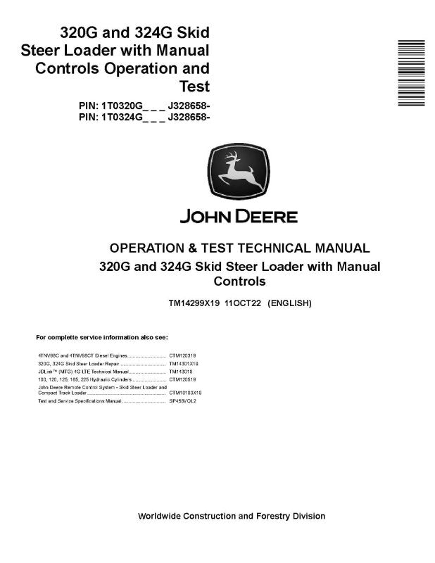 Operation and Test Manual - John Deere 320G and 324G Skid Steer Loaders with Manual Controls (SN. from J328658) (TM14299X19)