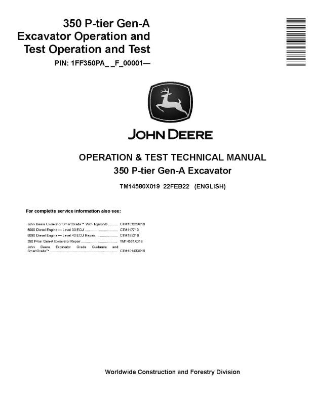 Operation and Test Manual - John Deere 350 P-Tier (SN. from F_00001) Crawler Excavator (TM14580X019)