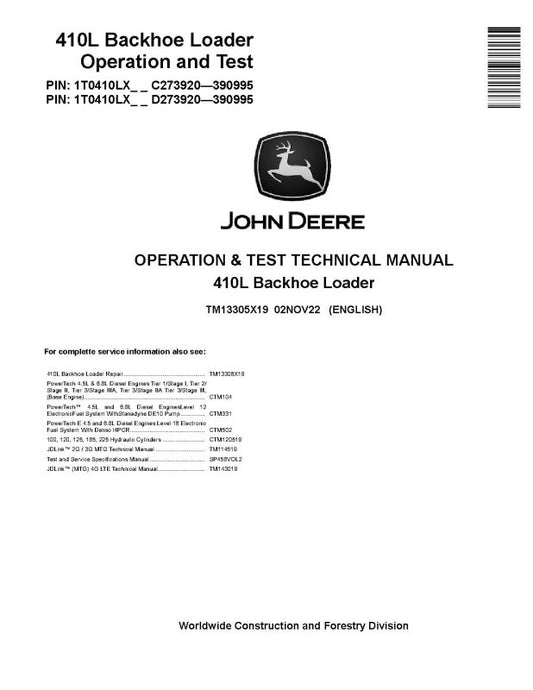 Operation and Test Manual - John Deere 410L Backhoe Loaders (SN: C273920-390995, D273920-390995) (TM13305X19)