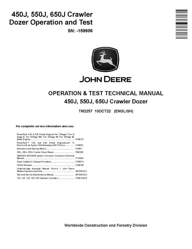 Operation and Test Manual - John Deere 450J, 550J and 650J Crawler Dozer (SN. before 141666) (TM2257)
