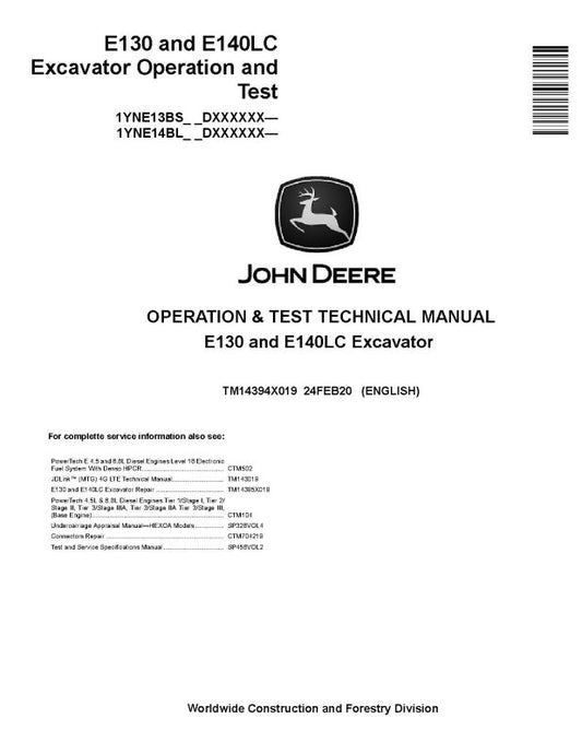 Operation and Test Manual - John Deere E130 and E140LC Crawler Excavator (SN. from D000001) (TM14394X019)