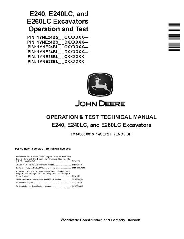 Operation and Test Manual - John Deere E240, E240LC and E260LC Crawler Excavator (SN. from C000001, D000001) (TM14398X019)