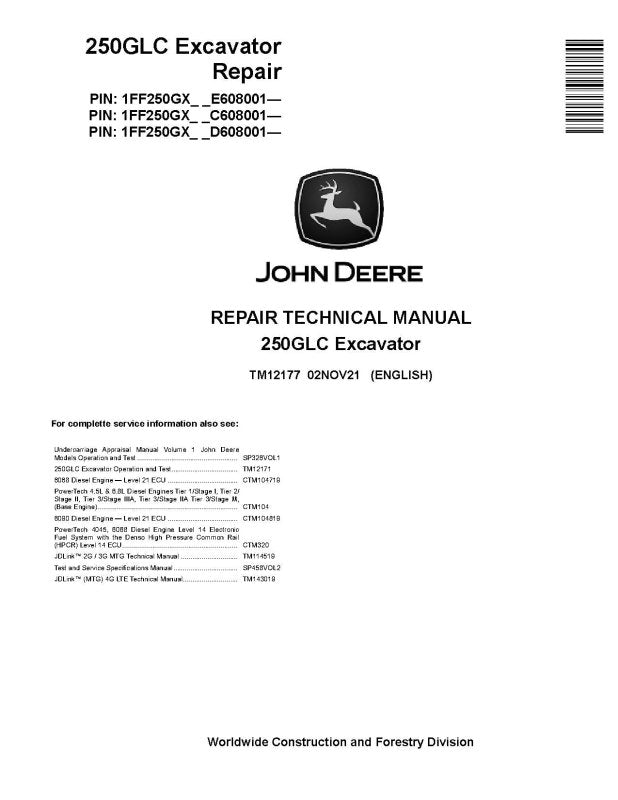 Repair Manual - John Deere 250GLC Crawler Excavator (SN. from 608001) (TM12177)