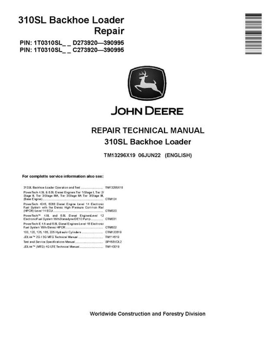 Repair Manual - John Deere 310SL Side Shift Backhoe Loaders (SN: C273920-390995, D273920-390995) (TM13296X19)