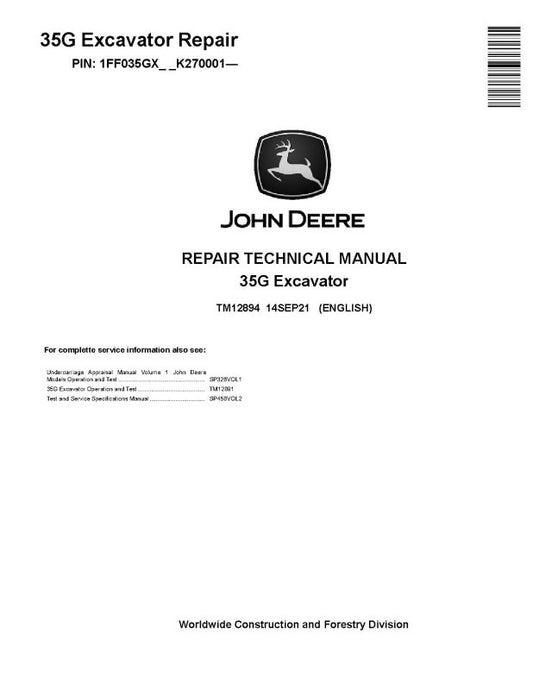 Repair Manual - John Deere 35G (SN. from K270001) Compact Excavator (TM12894)