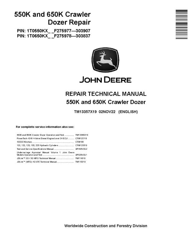 Repair Manual - John Deere 550K and 650K Crawler Dozer (SN: F275977-303907) (TM13357X19)