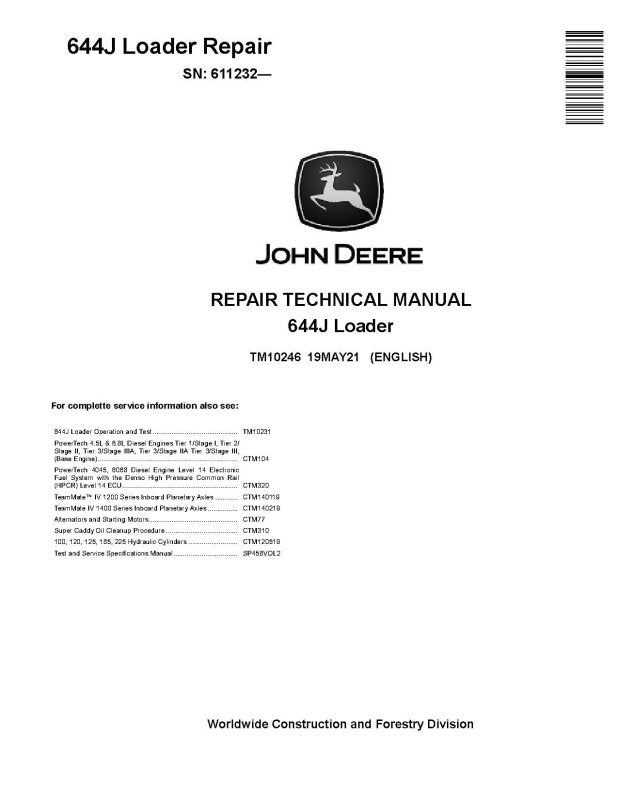 Repair Manual - John Deere 644J (SN. from 611232) 4WD Loader (TM10246)