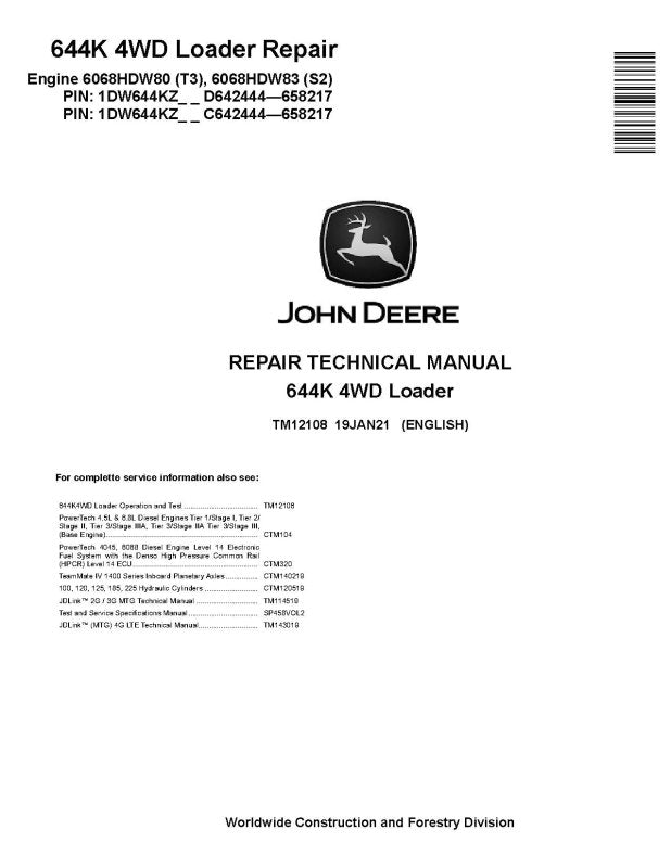 Repair Manual - John Deere 644K (SN: 642444-658217) 4WD Loaders with Engines 6068HDW80 (T3), 6068HDW83 (S2) (TM12108)