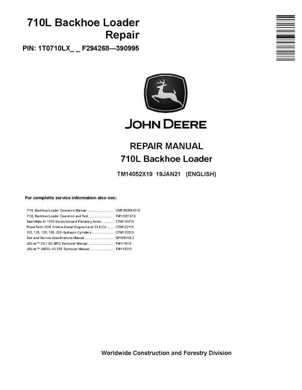 Repair Manual - John Deere 710L Backhoe Loaders (SN: F294268-390995) (TM14052X19)