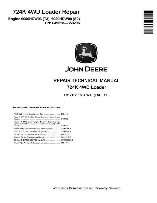 Repair Manual - John Deere 724K (SN: 641523-658296) 4WD Loaders with Engines 6090HDW03 (T3), 6090HDW09 (S2) (TM12112)