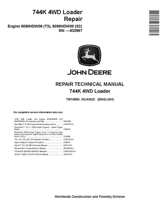 Repair Manual - John Deere 744K (SN. before 632967) 4WD Loaders with Engines 6090HDW06 (T3), 6090HDW08 (S2) (TM10683)