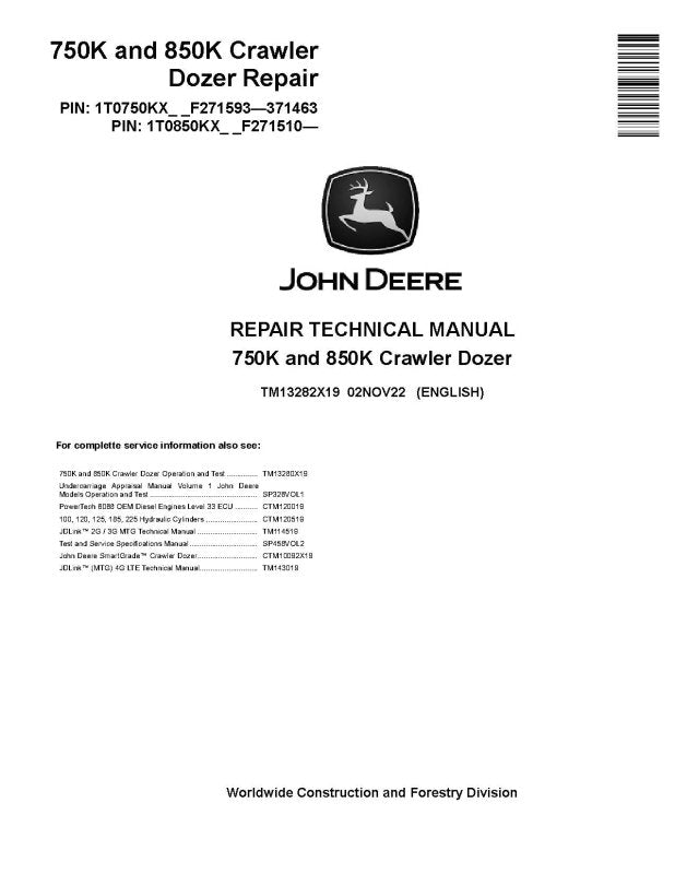 Repair Manual - John Deere 750K and 850K Crawler Dozer (SN. from F271510) (TM13282X19)
