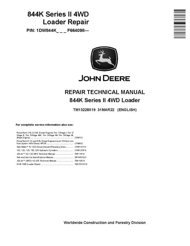 Repair Manual - John Deere 844K-II (SN. from F664098) 4WD Loader (TM13228X19)