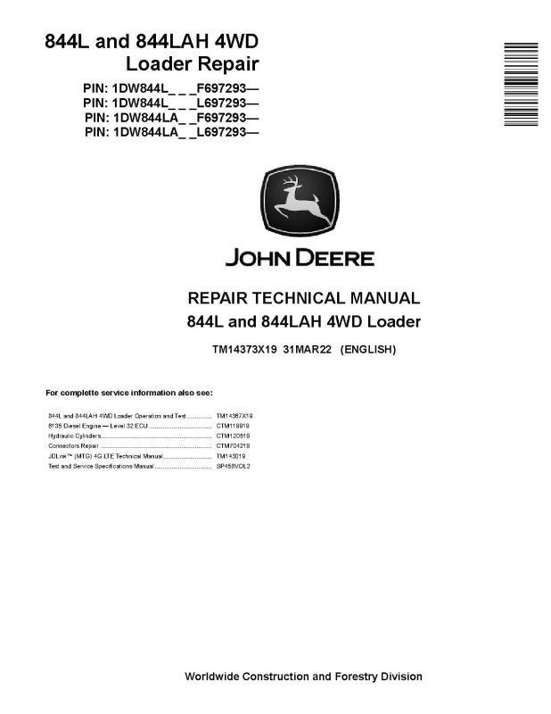 Repair Manual - John Deere 844L and 844LAH 4WD Wheel Loaders (SN. from F697293, L697293) (TM14373X19)