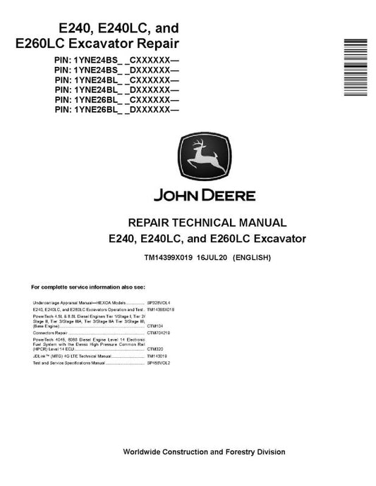 Repair Manual - John Deere E240, E240LC and E260LC Crawler Excavator (SN. from C000001, D000001) (TM14399X019)