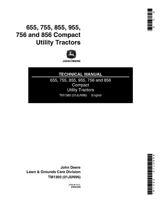 Service Manual John Deere 655, 755, 756, 855, 856 and 955 Compact Utility Tractor set of  (TM1360)