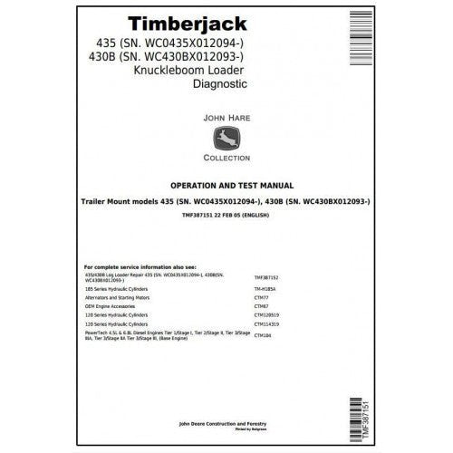 Timberjack 435 430B Series II Knuckleboom Trailer Mount Log Loader Pdf Operation and Test Manual TMF387151 - All Machines Manual | Manuals At Best Price